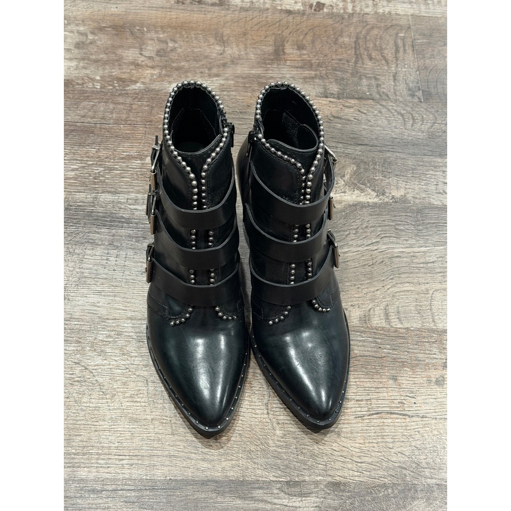 Coral Blue Black Faux Leather Triple Buckle Studded Block Heel Ankle Boots